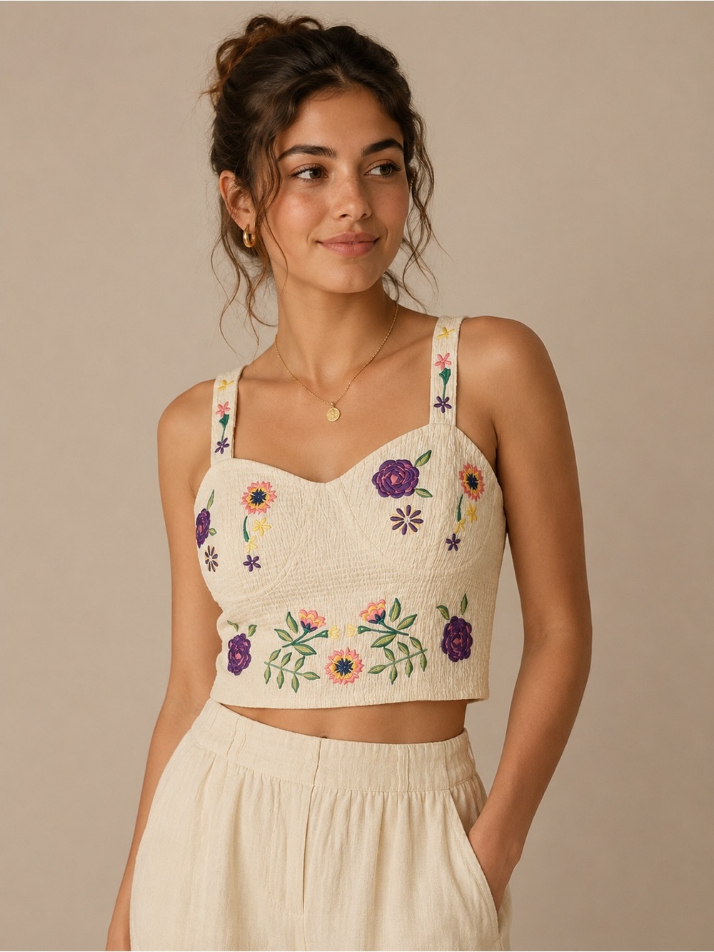 Splash Floral Embroidered Smocked Crop Top Cream Size 10
